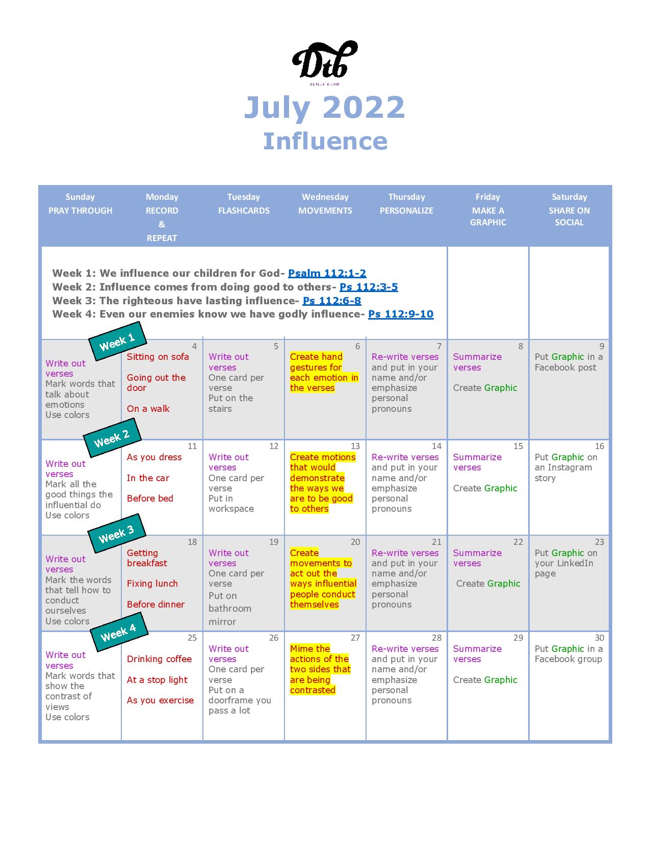 July 2022 Scripture Calendar