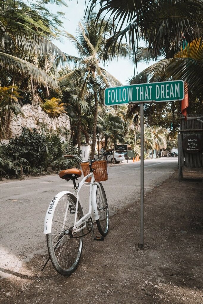 A bike in front of a street sign that says FOLLOW THAT DREAM in a blog post titled Make Your Entrepreneurial Dream a Reality